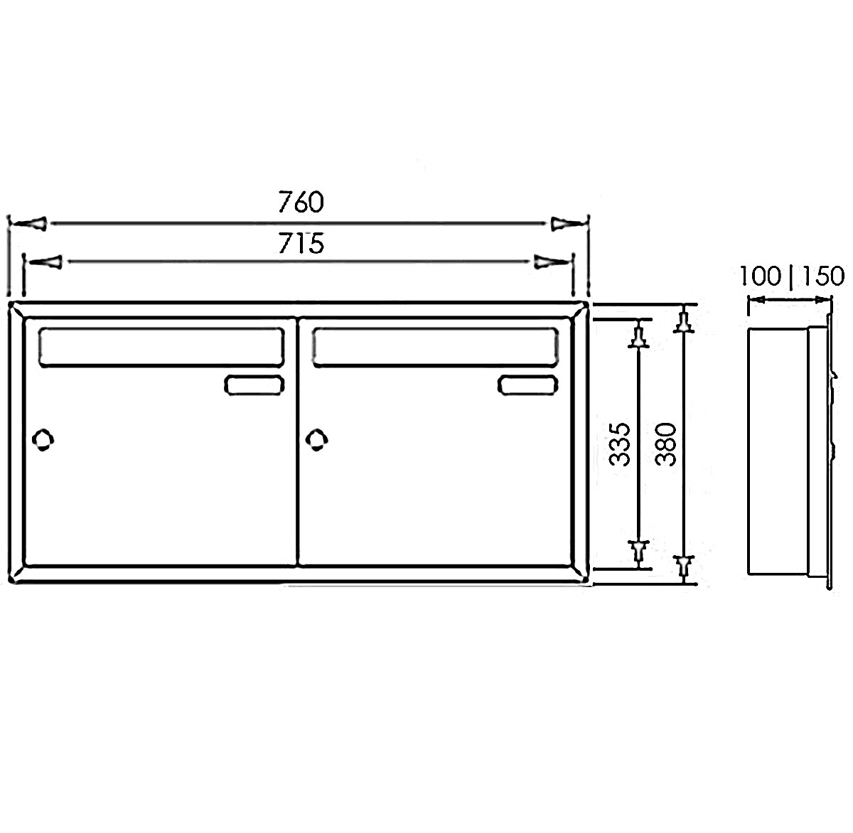 2er 2x1 Edelstahl Unterputz Briefkastenanlage BASIC Plus 382XU UP - Edelstahl geschliffen - 2 Parteien