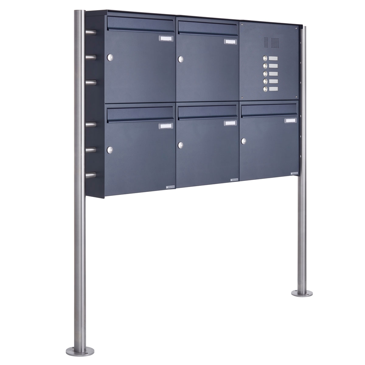 5er Edelstahl Standbriefkasten Design BASIC Plus 381X ST-R  mit Klingelkasten - RAL nach Wahl