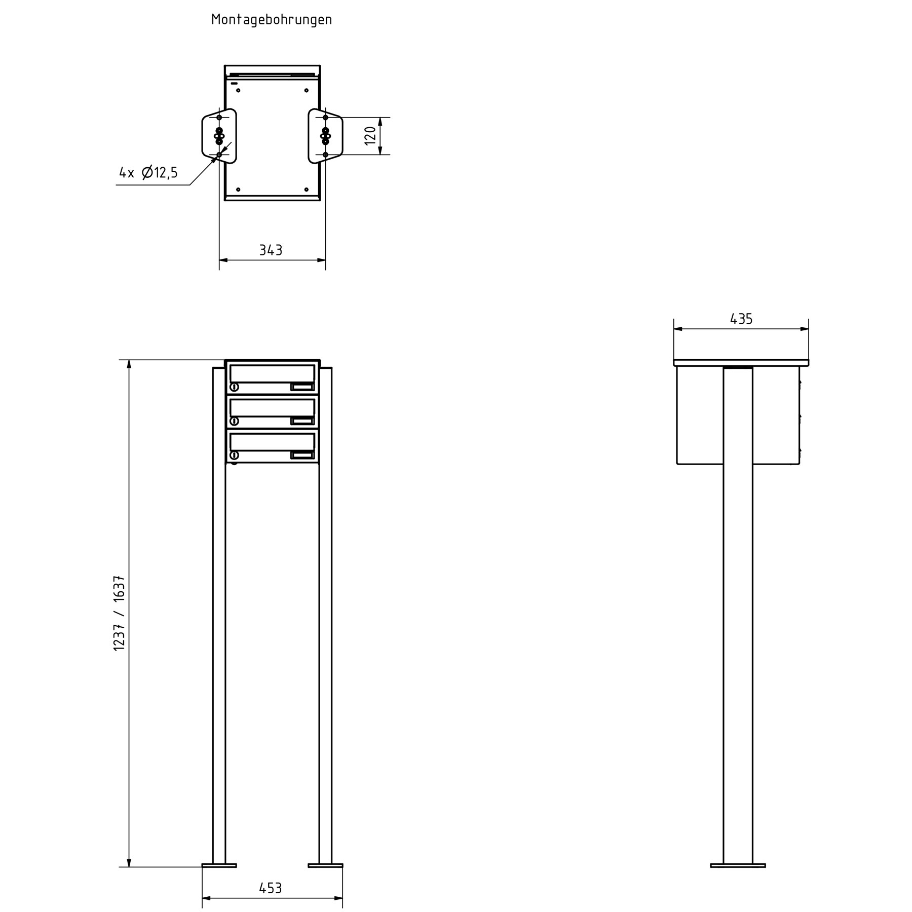 3er Briefkastenanlage freistehend Design BASIC 385P ST-T - Edelstahl-RAL 7016 anthrazitgrau