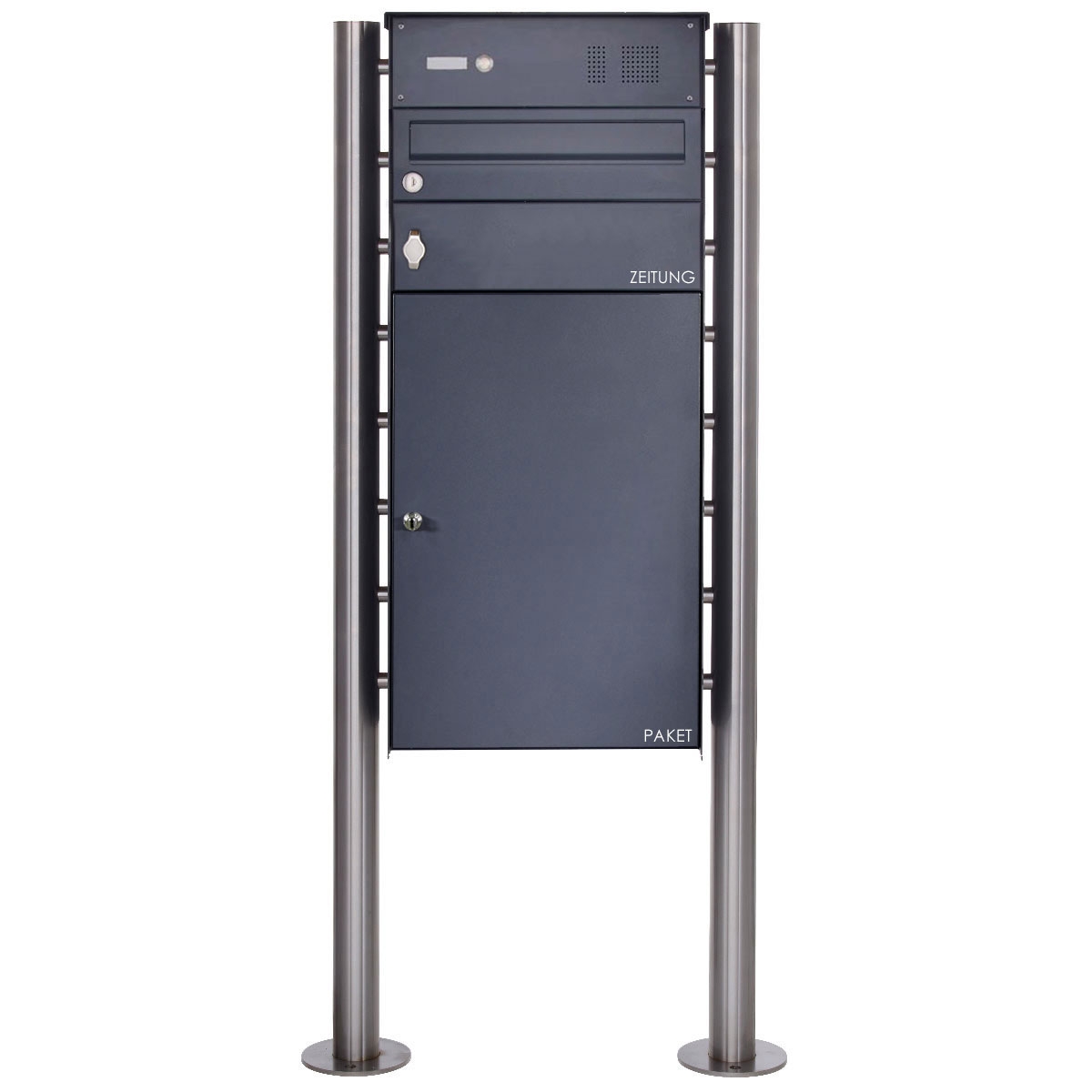 Edelstahl Standbriefkasten BASIC Plus 863X ST-R mit Klingelkasten, Zeitungsfach & Paketfach 550x370 - RAL nach Wahl