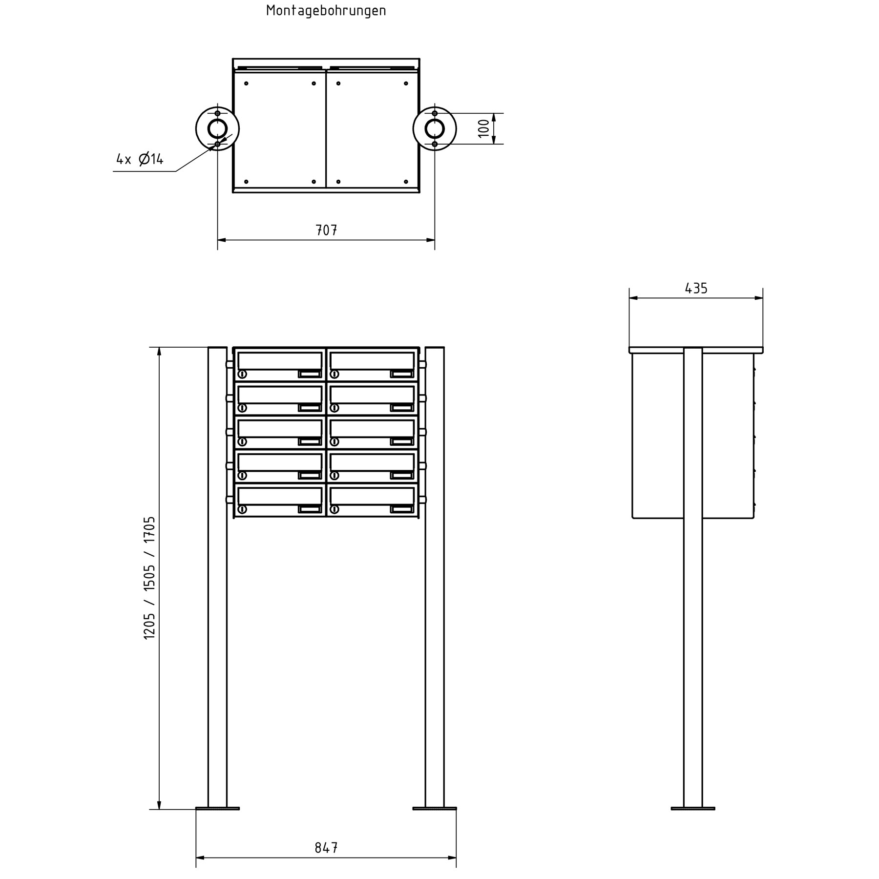 10er Briefkastenanlage freistehend Design BASIC 385 ST-R - RAL 7016 anthrazitgrau