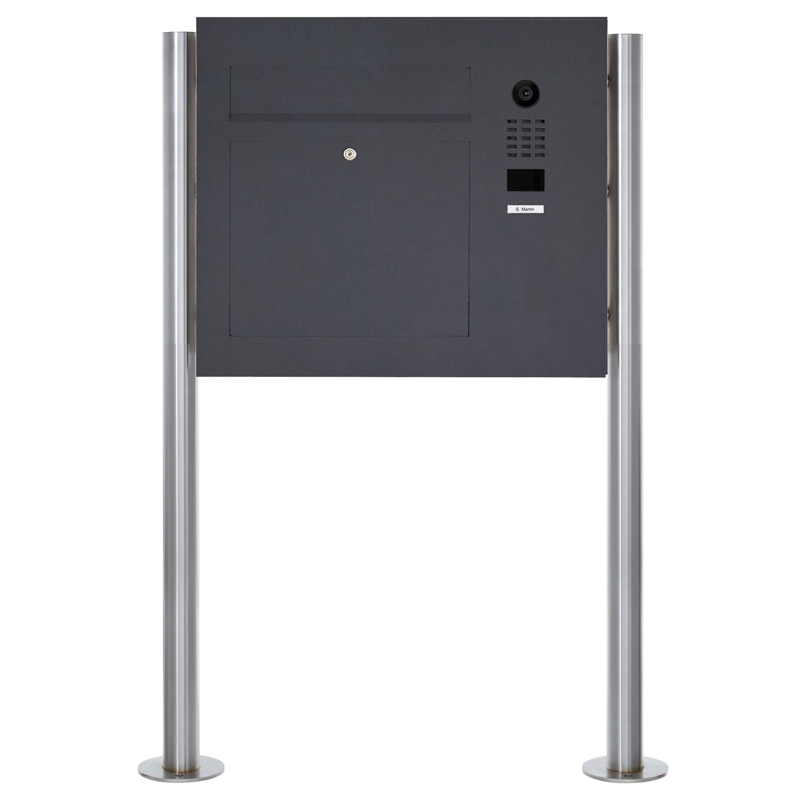 Edelstahl Standbriefkasten Designer Modell BIG ST-R mit DoorBird Video- Sprechanlage seitlich - RAL nach Wahl