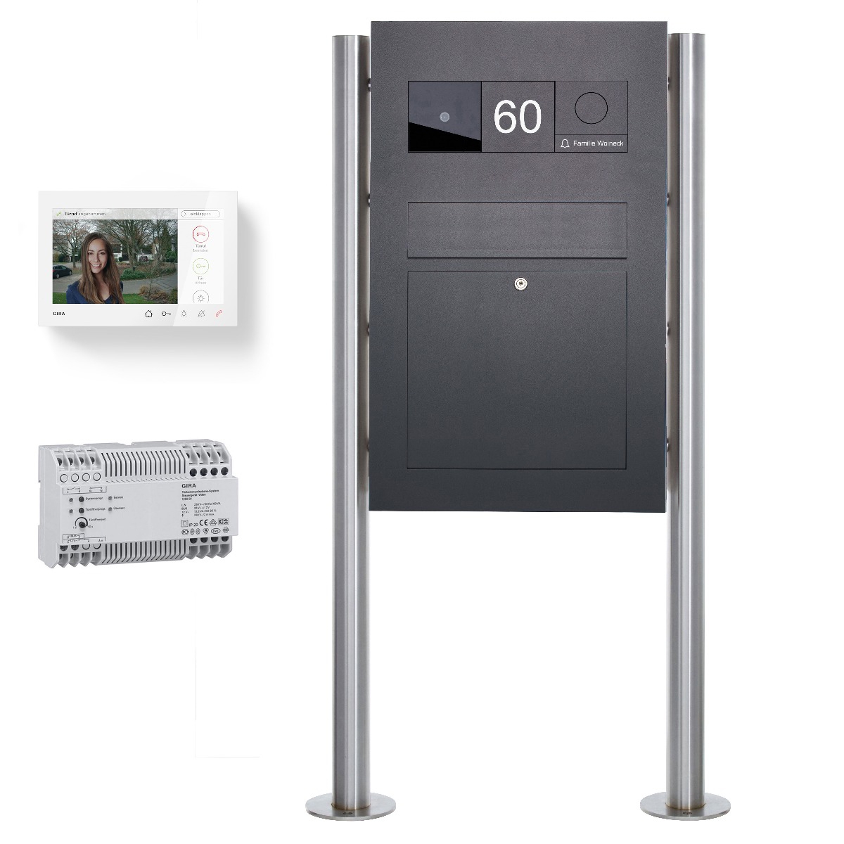 Edelstahl Standbriefkasten Designer BIG - RAL nach Wahl - GIRA System 106 - VIDEO Komplettset