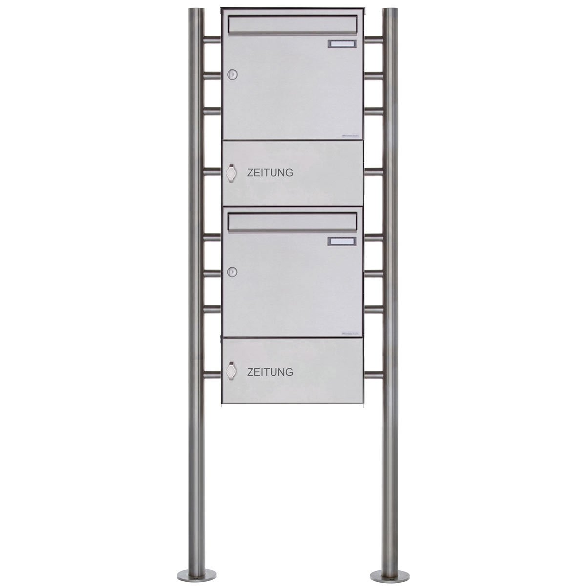 2er Edelstahl Standbriefkasten Design BASIC Plus 381X ST-R mit Zeitungsfach geschlossen