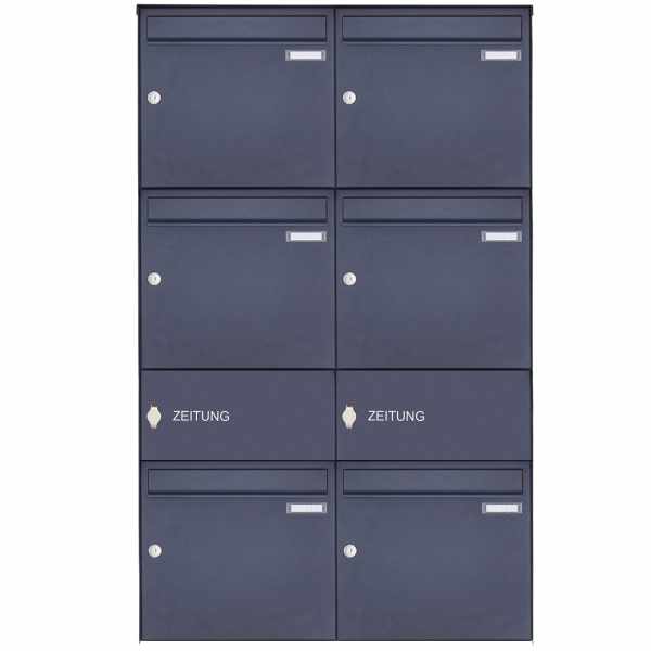 6-compartment Stainless steel surface mailbox Design BASIC Plus 382XA AP with newspaper compartment - RAL of your choice