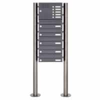 5-compartment 7x1 stainless steel free-standing letterbox Design BASIC Plus 385X ST-R with bell box - RAL of your choice