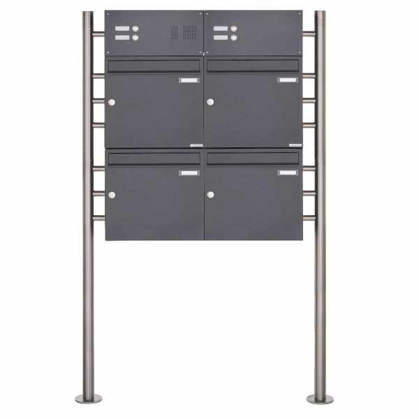4-compartment free-standing letterbox Design BASIC 381 ST-R with bell box - RAL 7016 anthracite gray